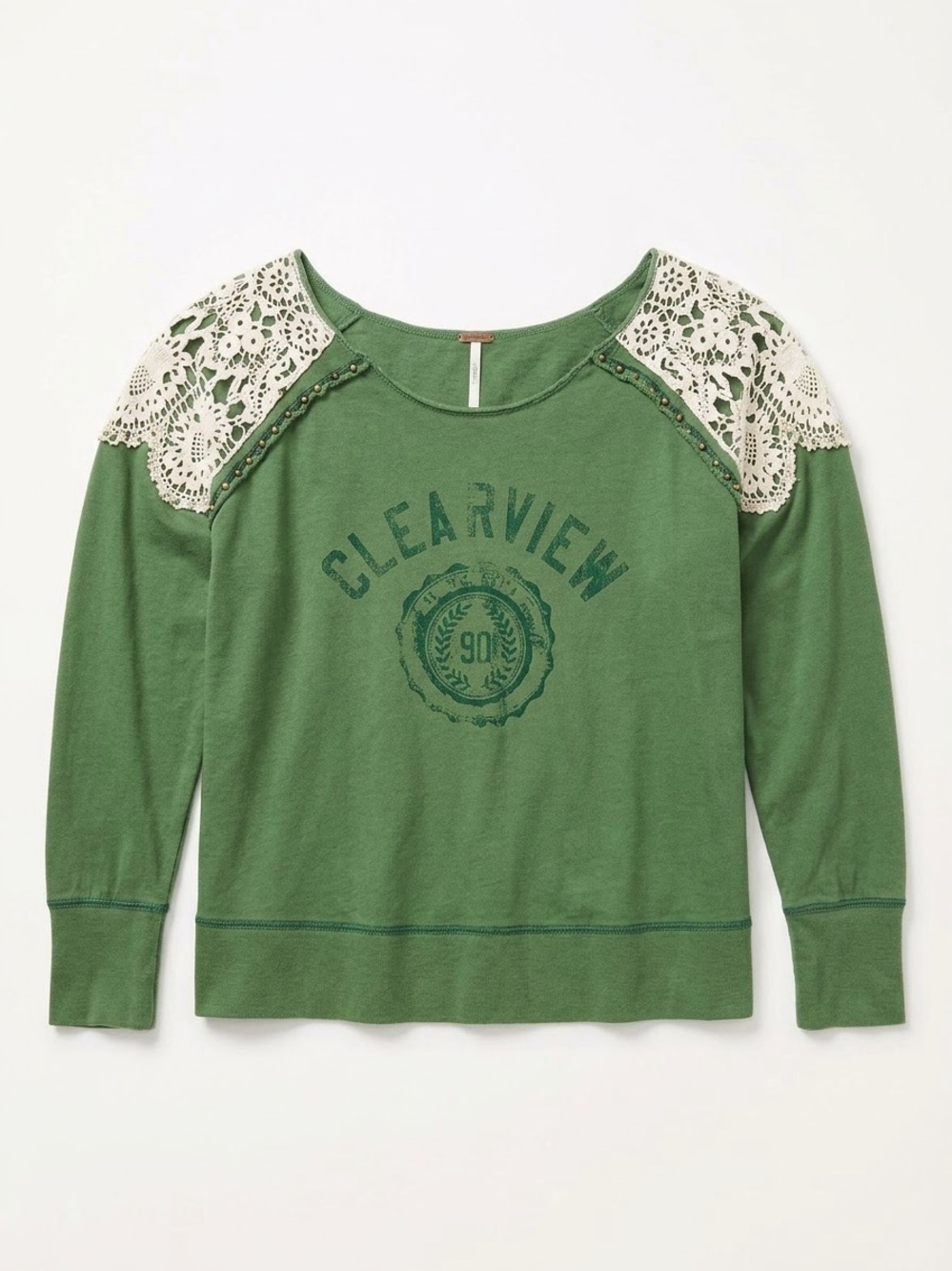 Free People Olive Green Sweatshirt with Cream Lace Shoulders